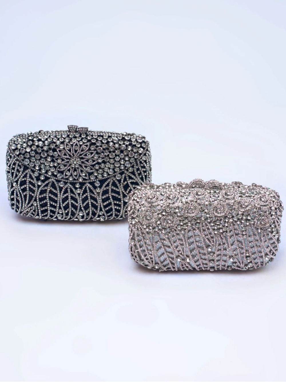 Embellished Crystal Evening Clutch - Silver and Black